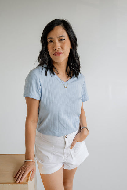 Women's V-Neck Tee | Cornflower Blue Pointelle