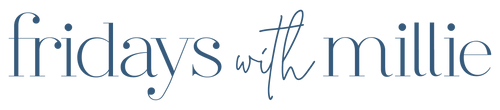Fridays with Millie logo in a serif font in blue text.